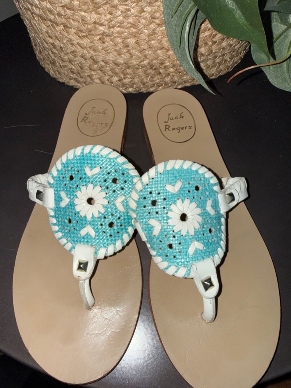 Jack Rogers Turquoise White Daisy Leather Thong Sandals Size 7